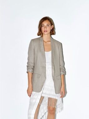 Zara NWT 100% Linen Rolled Sleeve Blazer Tan Oatmeal Size XS